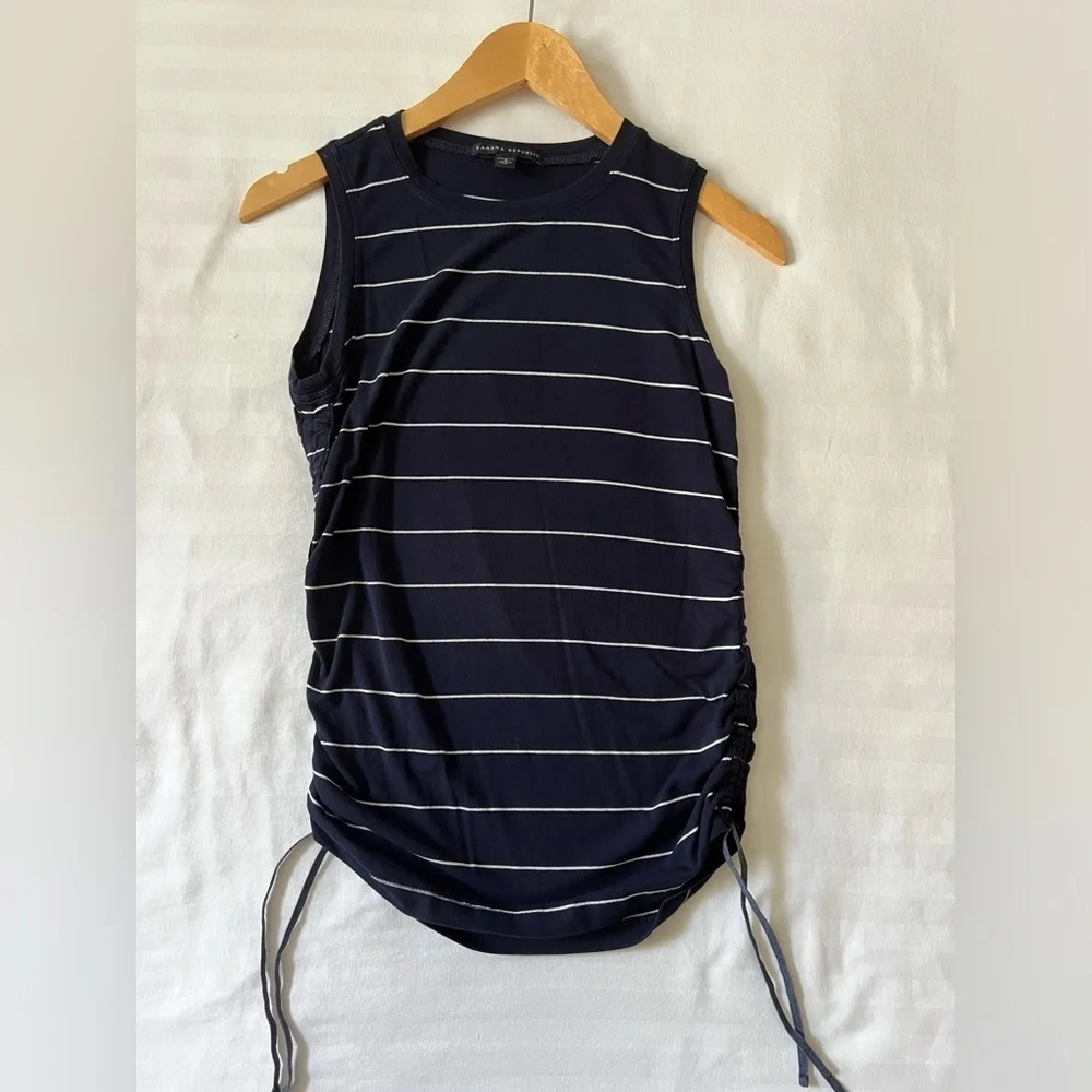 BANANA REPUBLIC Navy & White Striped Side Ruched Tie Sleeveless Top - Picture 3 of 4